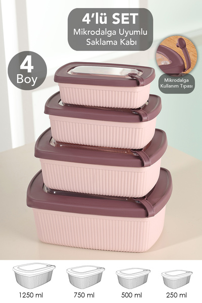 Meleni Home 4-Piece Rectangular Striped Microwaveable Lid Storage Container -...