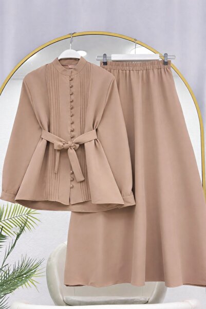 MY QILAM Γυναικείο Σετ Χιτζάμπ με Πουκάμισο και Φούστα με Ζώνη, Λεπτομέρεια μ...