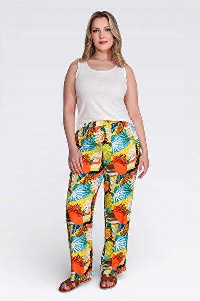 TOLGA SARAÇOĞLU 30109 Comfortable Cut Pants with Elastic Waist and Patterned ...