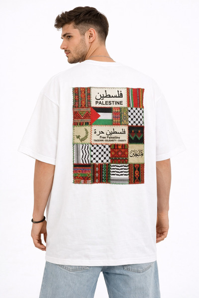 Nulivez Free Palestine Unisex Oversize Patchwork Detailed Printed T-Shirt – M...
