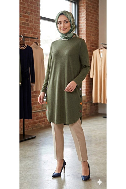Velsoft yanlar düğmeli diz boyu yumuşak dokusuyla şık rahat tesettür tunik