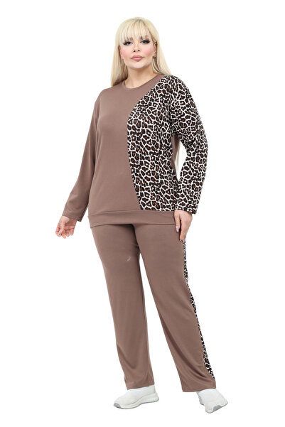 MELSAY Γυναικείο Σετ Φόρμας Μεγάλου Μεγέθους Tan-Leopard Block Modal