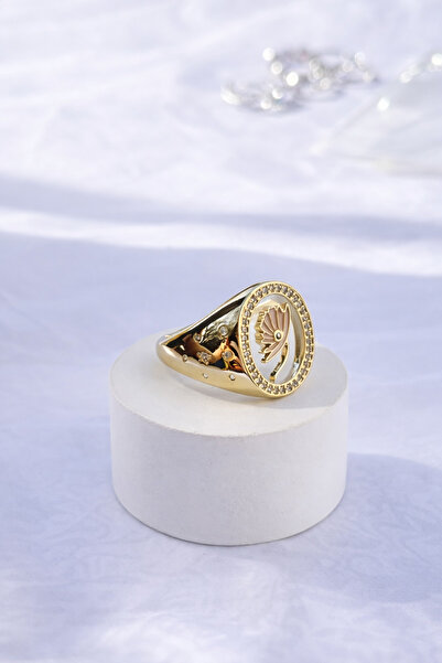 Kadın Gold Yüzük Taşlı Oval Form Şık Gösterişli Yüzük