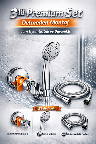 Öztürk 3’lü Premium Duş Seti – Vakumlu Duş Tutacağı, Krom El Duşu ve Paslanma...