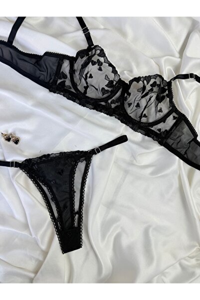 İNKO İÇ GİYİM Σετ σουτιέν και στρινγκ από τούλι με μαύρο σχέδιο καρδιάς και λ...