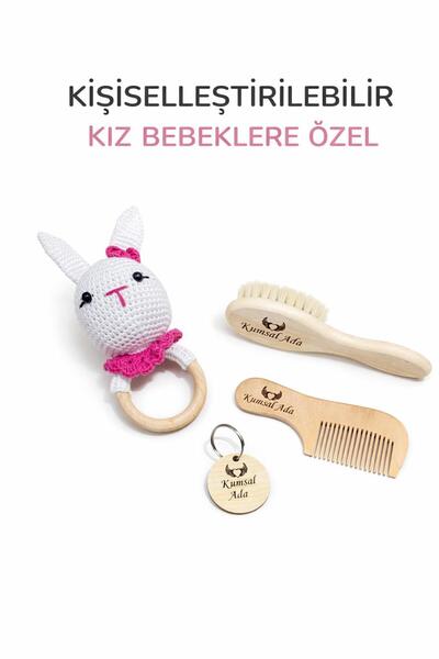 Ayana Cosmetic Bebek hediyelik doğal keçi kılı tarak ve amigurumi çıngırak set
