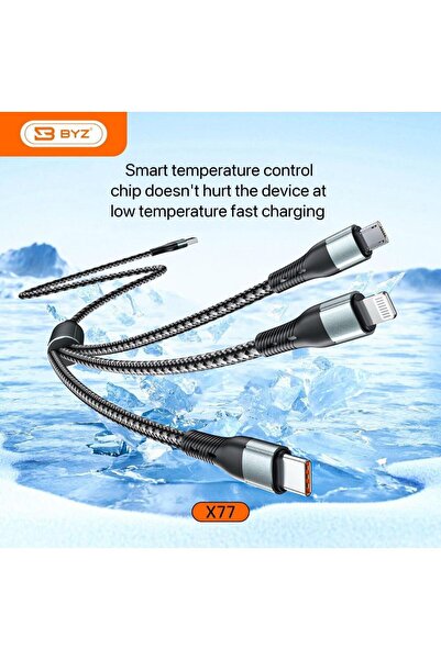 BYZ X77 3-in-1 Fast Charging Cable 100W – Type-C / Lightning / Micro USB Braided Cable (1.2M)