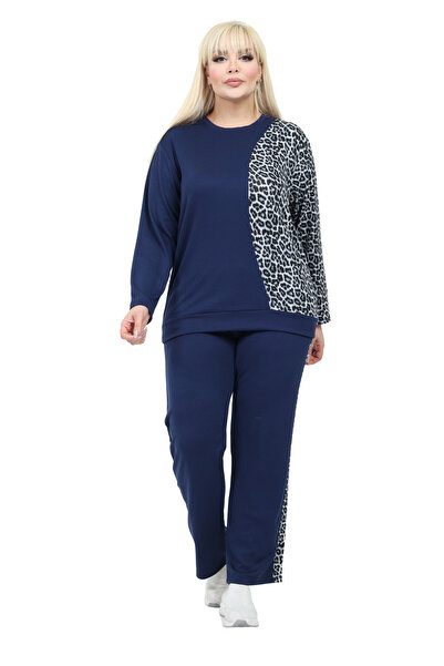 MELSAY Γυναικείο Σετ Φόρμας Μεγάλου Μεγέθους σε Μπλε Ναυτικό-Λεοπάρ Μπλοκάτο ...