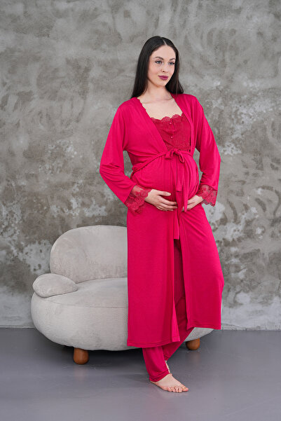 Lohusa Homewear Νέα σεζόν Φούξια Καλοκαιρινό Σετ Πιτζάμες Εγκυμοσύνης με Κομψ...