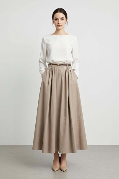 Puane Belt Detailed High Waist Long Pleated Women's Skirt Dark Mink 32463