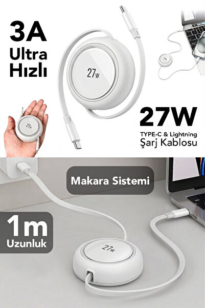 mimtec 27W Geri Çekilebilir Hızlı Kablo - Makaralı Type-C Ve Lightning Ultra ...