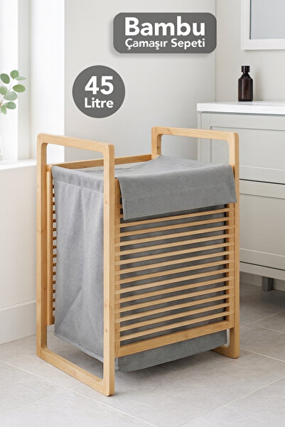 Meleni Home 45 Lt Bambu Çamaşır Sepeti - Yıkanabilir Bez İç Hazneli Modern ve...
