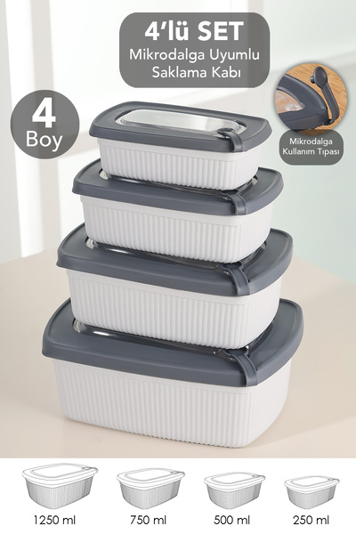 Meleni Home 4-Piece Rectangular Striped Microwaveable Lid Storage Container -...