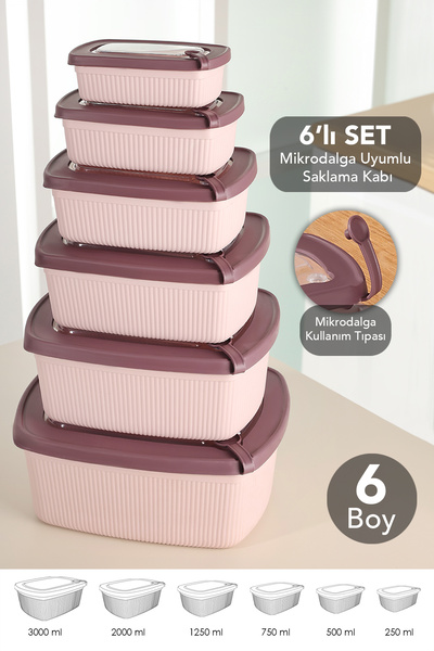 Meleni Home 6-Piece Rectangular Striped Microwaveable Lid Storage Container -...