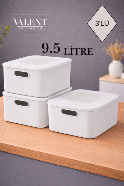 VALENT Nero 9.5 Lt 3'Lü Çok Amaçlı Kapaklı Organizer Kutu Makyaj Banyo Mutfak...