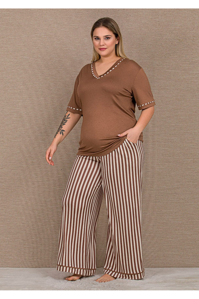 Lady Πιτζάμες με κοντά μανίκια, μεγάλο μέγεθος, από ύφασμα βισκόζης, σετ πιτζ...