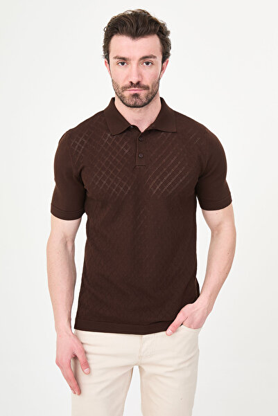 Mcr Patterned Slim Fit Polo Collar Men's Knitwear T-Shirt Brown - 11586.26Y