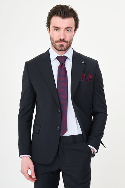 Mcr Pinstripe Slim Fit Wide Collar Premium Wool Men's Suit Navy Blue - 44320.26Y