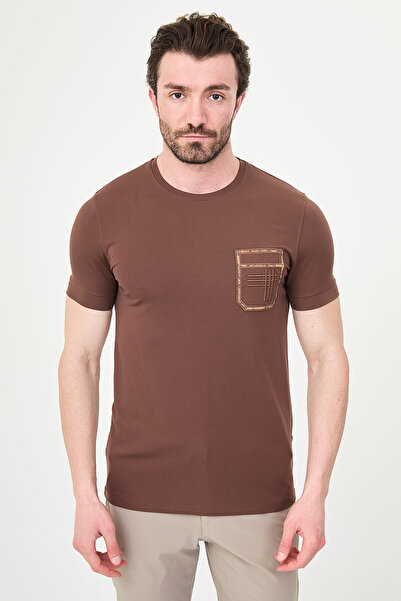 Mcr Plain Slim Fit Crew Neck Patterned Bi-Stretch Interlock Men's T-Shirt Bro...