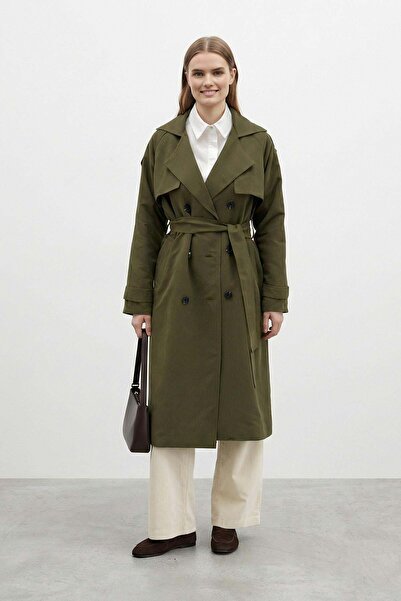 Puane Trench lung cu curea, la două rânduri de nasturi K.HAKİ 20737
