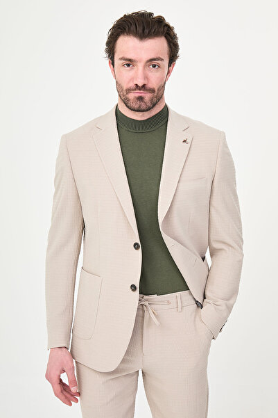 Mcr Textured Slim Fit Mono Collar Pocket Men's Jacket Beige - 41499.26Y