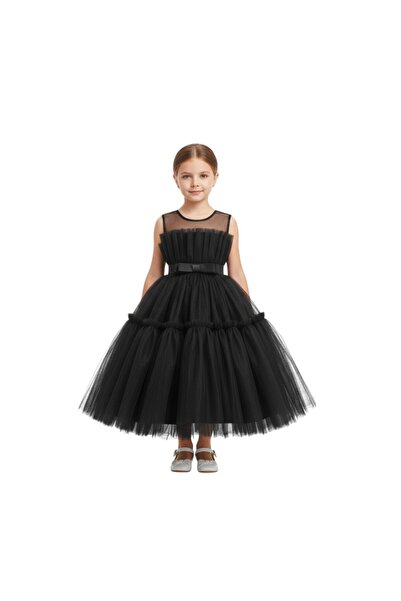 ddaniela D' Daniela - Toddler Girls Bow Front Ruffle Hem Mesh Gown Dress Black