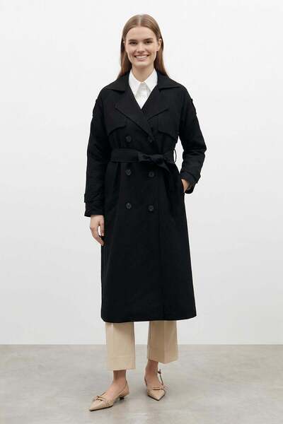 Puane Διπλόπετο Μακρύ Παλτό με Ζώνη ΜΑΥΡΟ 20737