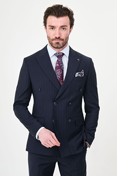Mcr Striped Slim Fit Wide Collar Double Breasted Premium Wool Men's Suit Navy...