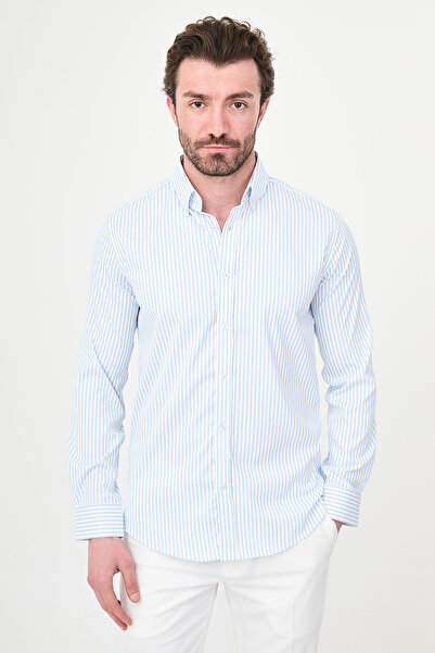 Mcr Striped Slim Fit Stand Collar Men's Shirt Blue - 27148.26Y