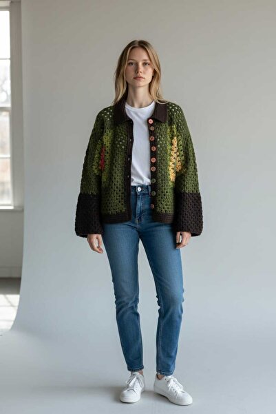 Tokuşka Crocheted Hand Knitted Women's Cardigan with Motifs