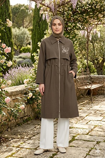 Puane Γυναικείο μακρύ καπάκι με φερμουάρ και μπροστινό κορδόνι στη μέση 152570