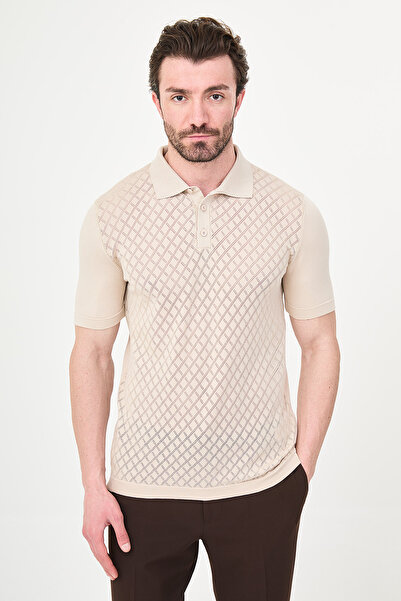 Mcr Patterned Slim Fit Polo Collar Men's Knitwear T-Shirt Beige - 11586.26Y