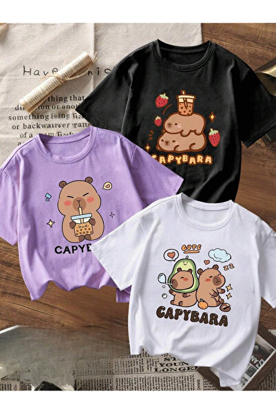 cc collection Kız Çocuk Cappybara Baskılı 3'lü Set Nefes Alan Yazlık T-Shirt