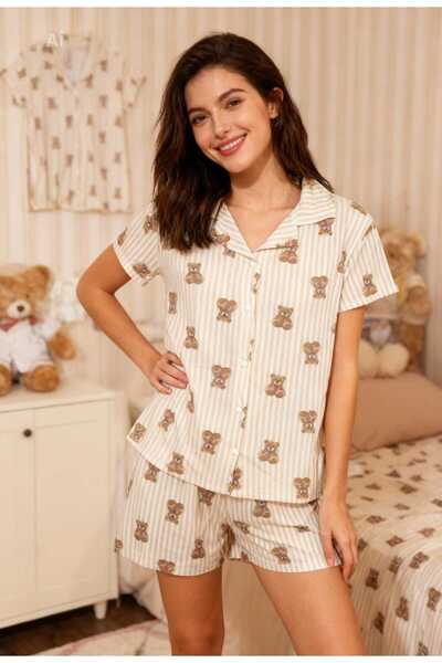 NiCe İç Giyim Ecru Color Teddy Bear Pattern Spring Milan Fabric Shirt Collar ...