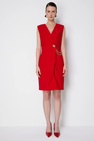 Ekol Chain Detailed Double Breasted Midi Dress-6044