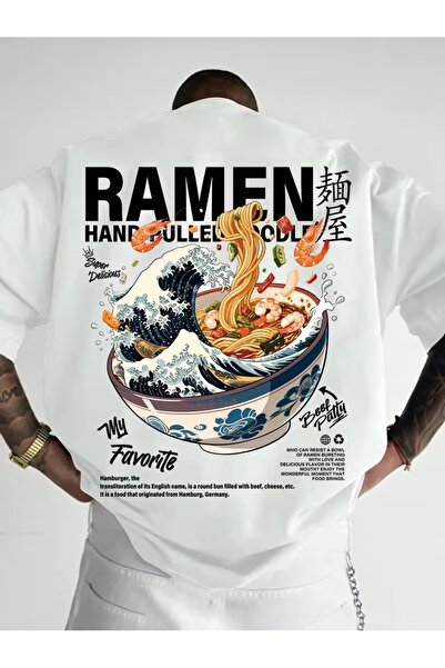 AEMİ Tricou unisex cu imprimeu Ramen, supradimensionat, cu gât rotund