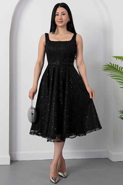 PULLIMM Φόρεμα με τετράγωνο λαιμόκοψη, παγιέτες και δαντέλα BAL165