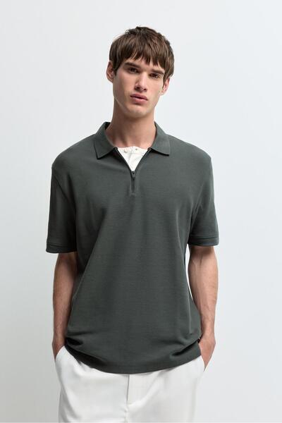 LEFTIES Fermuarlı dokulu polo yaka t-shirt