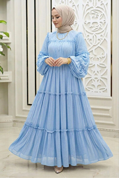 Safgiyim44 Şifon Fırfırlı Elbise - Mavi