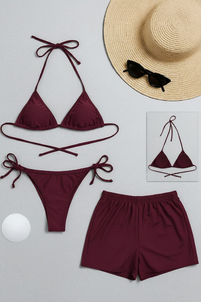 Imoda Γυναικείο Σετ 3 τεμαχίων: Σορτς σε χρώμα μπορντό και μαγιό μπικίνι με δ...