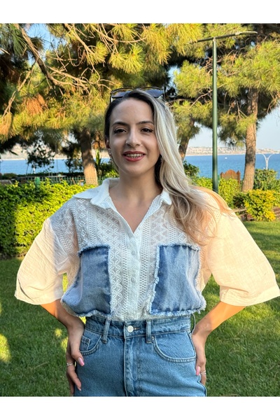 Green World Ekru Dantel İşlemeli Denim Detaylı Crop Gömlek Bluz
