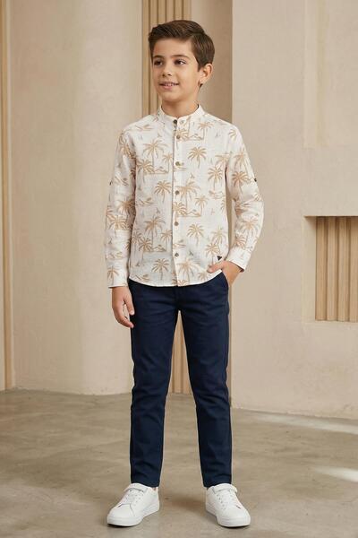 Mutlu Kids Hakim Collar White-Beige Palm Tree Patterned Boy's Shirt