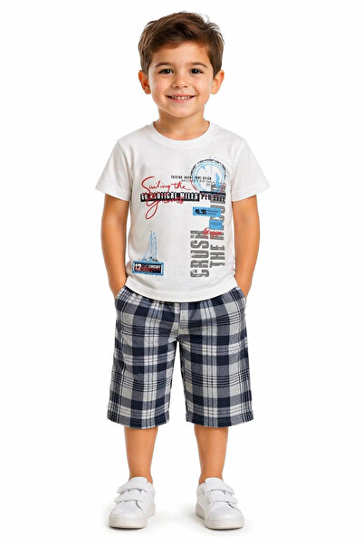 İrem Çocuk Giyim Boy's Crush Text Patterned T-Shirt White Color Shorts Set