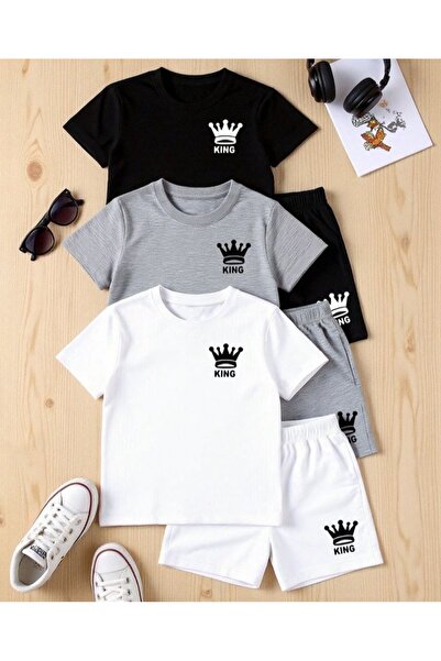 Kids Καλοκαιρινό σετ σορτς για αγόρια με στάμπα κινγκ ΜΑΥΡΟ-ΛΕΥΚΟ και ΓΚΡΙ