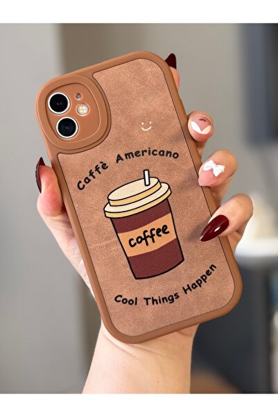 MİRAZ TASARIM IPHONE -12- COFFEE DESENLİ DERİ DOKULU TABA RENK KILIF