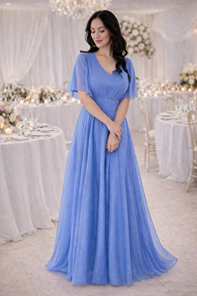 IŞILTI Γυναικείο φόρεμα με λαιμόκοψη V, μανίκια με βολάν, λεπτομέρειες από ασ...