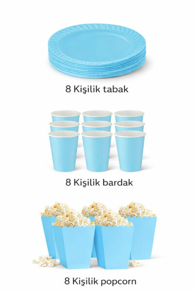 DEHAPARTY Karton Mavi 8er Adet Renkli Tabak Bardak Popcorn Set Doğum Günü