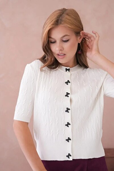 Park Karon 12036 Crew Neck Bow Button Detailed Hair Knit Premium Yarn Knitwea...