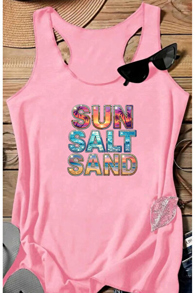 SUNFREE Γυναικείο μπλουζάκι με στάμπα SEA SAND SUN, αμάνικο μπλουζάκι για κολ...