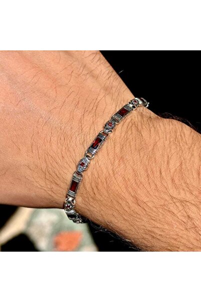 MS Mercan Silver 925 Ayar Gümüş Garnet Taşlı İşlemeli Erkek Bileklik